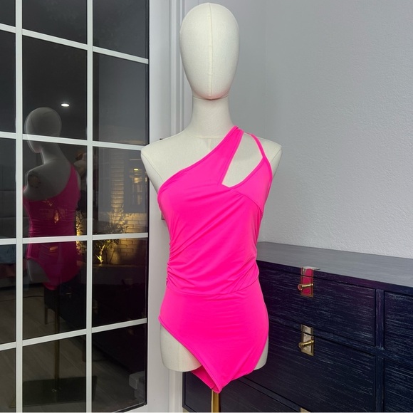 SHEIN Tops - NWT Neon Pink Asymmetric Bodysuit